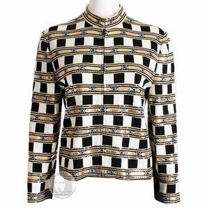 St John Evening Jacket Embellished Knit Gold Black White Zip Front Vintage Sz 10
